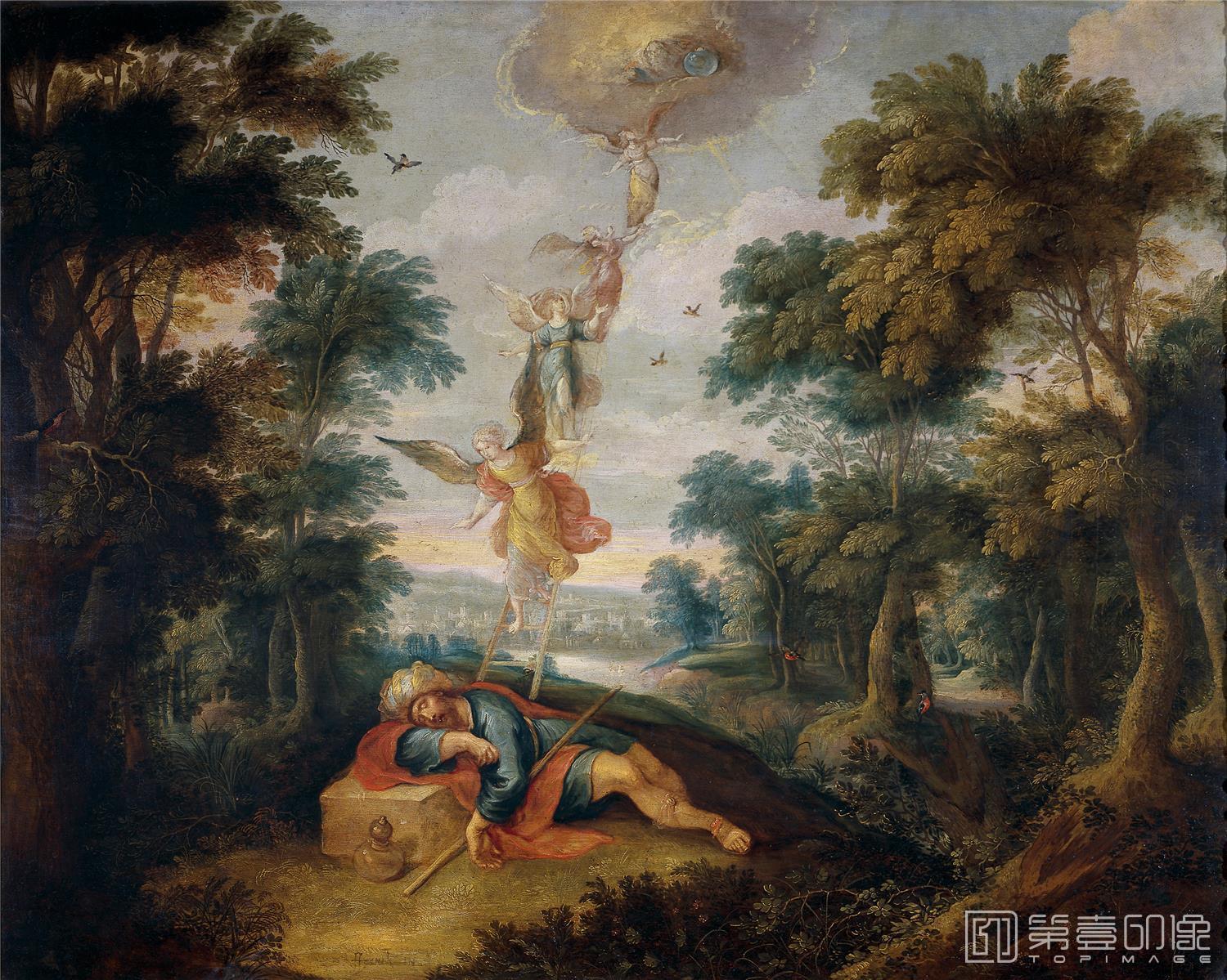 油画-西班牙普拉多美术馆油画藏画-Francken, Frans II-La escala de Jacob-68cm x 86cm-0915